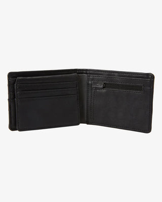 Billabong black char bi-fold wallet, vegan faux leather, with coin pocket and ID window.