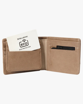 Billabong clay bi-fold wallet, vegan faux leather, includes coin pocket, card slots, and mesh ID window.