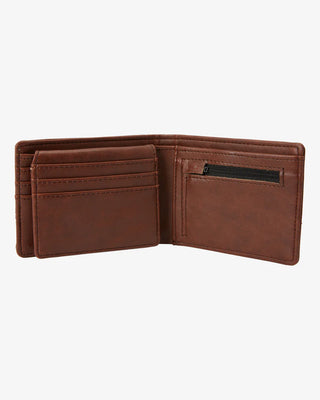 Billabong Java Grain bi-fold wallet, vegan faux leather, zip coin pocket, card slots, mesh ID window.