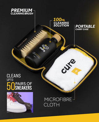 Crep Protect Cure Cleaning Kit with solution, brush, cloth, and case for effective sneaker maintenance.