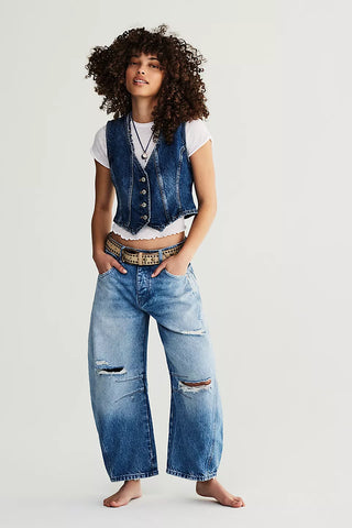 Free People Good Luck Mid-Rise Barrel Jeans in Barnyard Blue, mid-rise, slouchy fit.