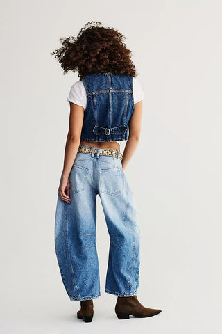 Free People Good Luck Mid-Rise Barrel Jeans in Barnyard Blue, mid-rise, slouchy fit.