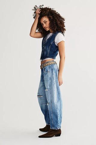 Free People Good Luck Mid-Rise Barrel Jeans in Barnyard Blue, mid-rise, slouchy fit.