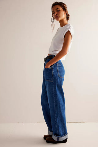 Free People We The Free Palmer Cuffed Jeans in Tunnel Vision, mid-rise, relaxed wide-leg.