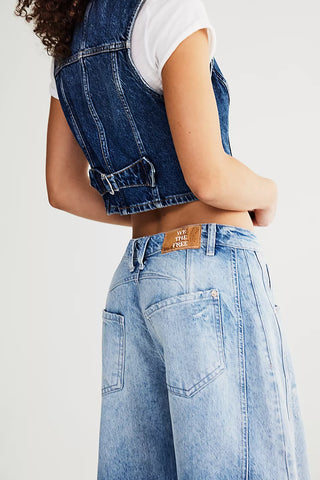 Free People Good Luck Mid-Rise Barrel Jeans in Barnyard Blue, mid-rise, slouchy fit.