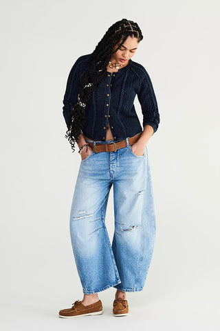 Free People Good Luck Mid-Rise Barrel Jeans in Barnyard Blue, mid-rise, slouchy fit.