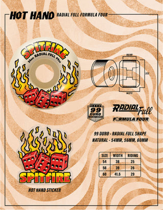 Spitfire F4 99D Hot Hand Radial Full Skateboard Wheels, 54mm, 99A durometer, smooth surface, and center set hub.