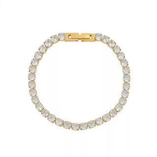 Gold Hemingway bracelet with 18K gold-filled finish, cubic zirconia, fold-over clasp, and hypoallergenic design.