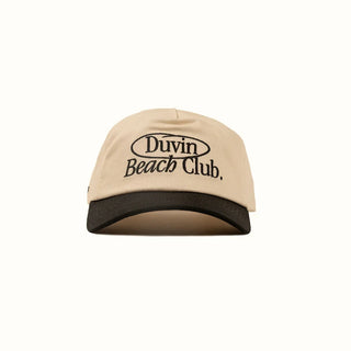 Unstructured cotton twill hat with plastic stay front and branding.