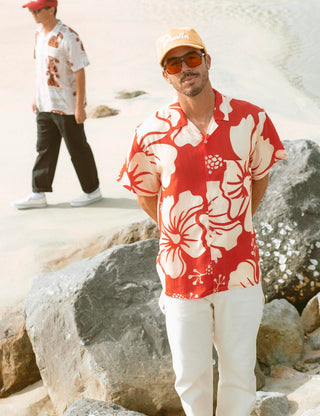 Duvin Trouble in Paradise Button-Up in red, eco-friendly tencel and linen blend, relaxed fit, camp collar.