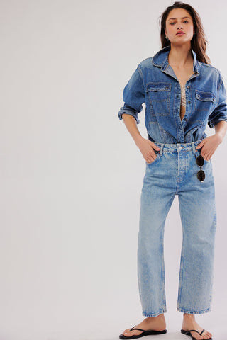 Free People Deep Trance Dropped Boyfriend Jeans, mid-rise with dropped barrel fit and button-fly closure.