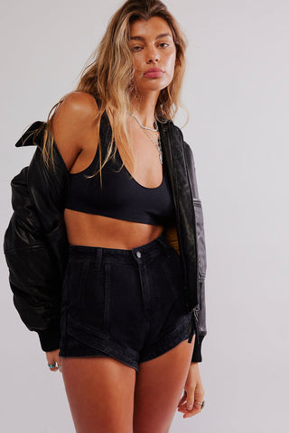 Free People CRVY Mona High Rise Shorts in black with zip fly and button closure.