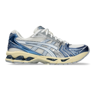 ASICS GEL-KAYANO® 14 running shoe in Cream/Denim Blue with GEL® technology cushioning and TRUSSTIC® support system.