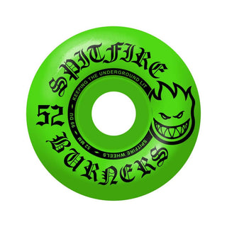 Spitfire Burner 99A Green Skateboard Wheels, 52mm, conical edge, treaded surface, and center-set hub for street and park.