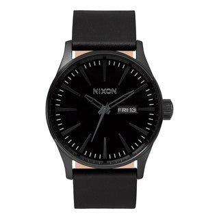 All black Nixon Sentry Leather Analog Watch with stainless steel case and custom leather band.

