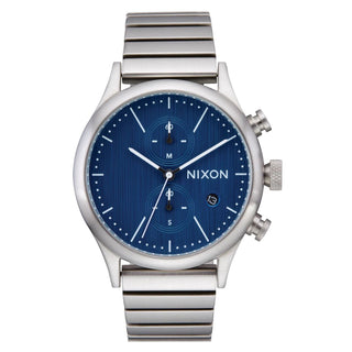 Nixon Station Chrono Watch in Silver/Indigo with vintage design and 2-eye chronograph.