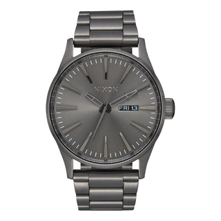 Nixon Sentry Stainless Steel Watch in all-gunmetal with a durable design and bilingual day/date function.

