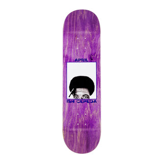 April Skateboards Ish Cepeda 2017 deck with photo graphic on purple woodgrain, 31.92" x 8.26".