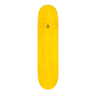 April Skateboards Shane Script Logo deck in yellow, all-over April script with reflective "Shane" hit, 32.2" x 8.5".