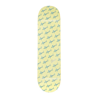 April Skateboards Shane Script Logo deck in yellow, all-over April script with reflective "Shane" hit, 32.2" x 8.5".