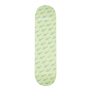 April Skateboards Yuto Script Logo deck in green, all-over April script with reflective silver "Yuto" hit, 31.92" x 8.26".