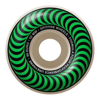 Spitfire Formula Four Classic Wheels, White/Green, 52mm, 99a durometer, classic shape, smooth surface, medium profile.