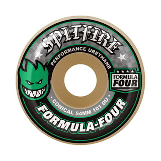 Spitfire Formula Four Conical Skateboard Wheels, White/Green, 53mm, 101a durometer, smooth surface, medium profile.