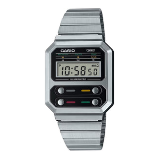 Casio Vintage A100WE-1AVT silver watch with calendar, stopwatch, and LED backlight.