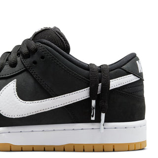 Nike SB Dunk Low Pro in Black/White-Black-Gum Light Brown with nubuck leather and Zoom Air cushioning.