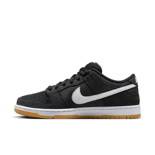 Nike SB Dunk Low Pro in Black/White-Black-Gum Light Brown with nubuck leather and Zoom Air cushioning.