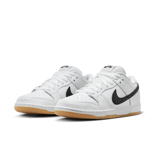 Nike SB Dunk Low Pro shoes in White/Black with leather, Zoom Air cushioning, and gum outsole.