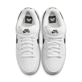 Nike SB Dunk Low Pro shoes in White/Black with leather, Zoom Air cushioning, and gum outsole.