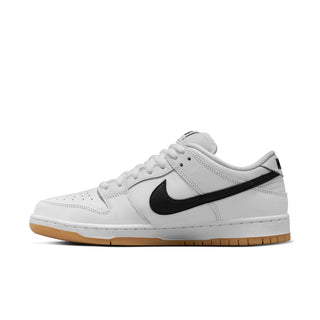 Nike SB Dunk Low Pro shoes in White/Black with leather, Zoom Air cushioning, and gum outsole.