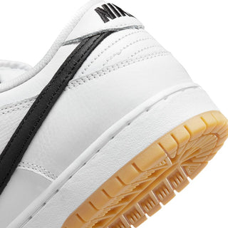 Nike SB Dunk Low Pro shoes in White/Black with leather, Zoom Air cushioning, and gum outsole.