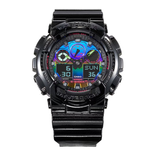 G-SHOCK GA100RGB-1A watch with glossy black bezel, multicolored face, and LED light.