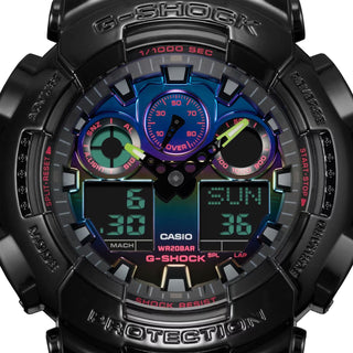 G-SHOCK GA100RGB-1A watch with glossy black bezel, multicolored face, and LED light.