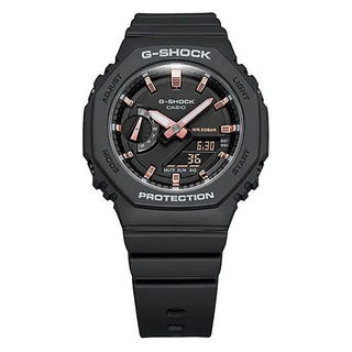 G-SHOCK GMAS2100-1A watch with matte black finish, metallic indices, octagonal design.