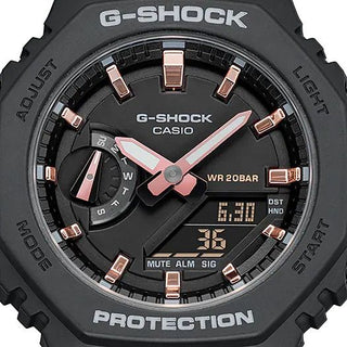 G-SHOCK GMAS2100-1A watch with matte black finish, metallic indices, octagonal design.