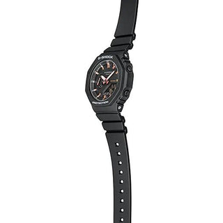 G-SHOCK GMAS2100-1A watch with matte black finish, metallic indices, octagonal design.