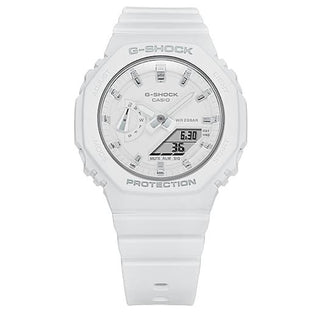 G-SHOCK GMAS2100-7A, matte white, metallic indices, octagonal, shock resistant, water resistant.