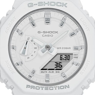 G-SHOCK GMAS2100-7A, matte white, metallic indices, octagonal, shock resistant, water resistant.