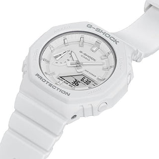 G-SHOCK GMAS2100-7A, matte white, metallic indices, octagonal, shock resistant, water resistant.